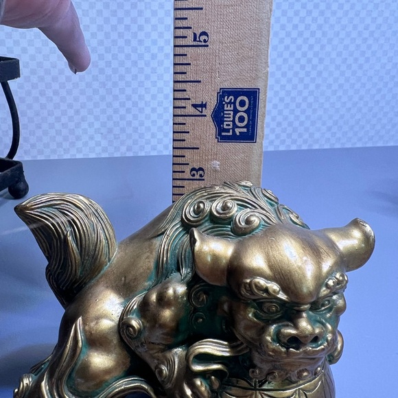 Vintage Brass Foo Dog Statues Pair Chinese Guardian Lions Gold & Green Feng Shui - Picture 12 of 13